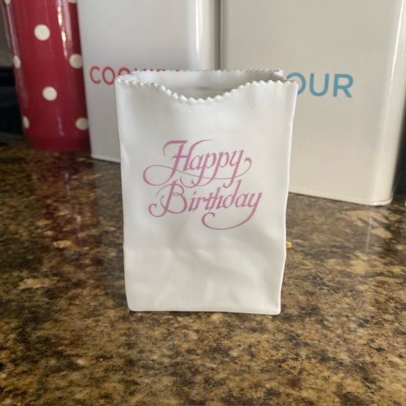 Ceramic Crinkle Paper Bag Vase White With Happy Birthday Unmarked 4.5” tall - Picture 1 of 6